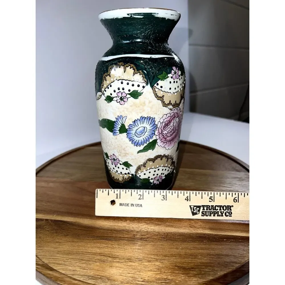 Vintage Floral Vase Ceramic Dark Green Floral Design‎ Home Decor Accent
